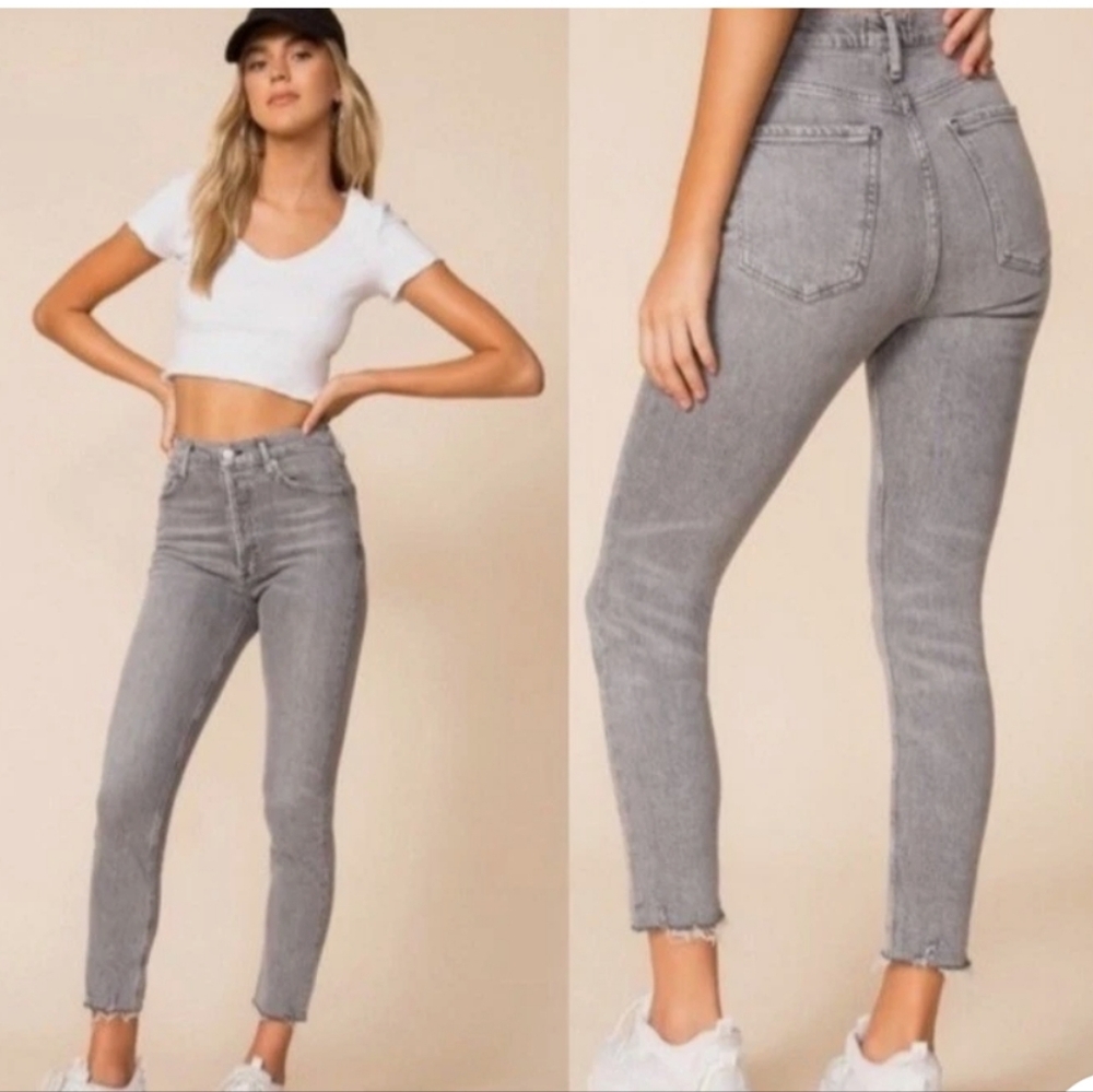 Agolde Nico High Rise  Grey Washed Distressed Button Fly Stretch Skinny Jeans 26